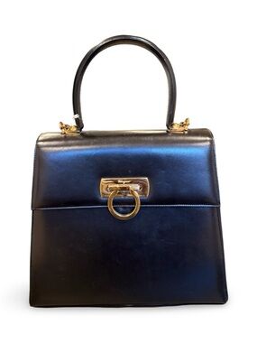 Salvatore Ferragamo Vintage Gancini Top Handle Bag Black Leather Gold Hardware